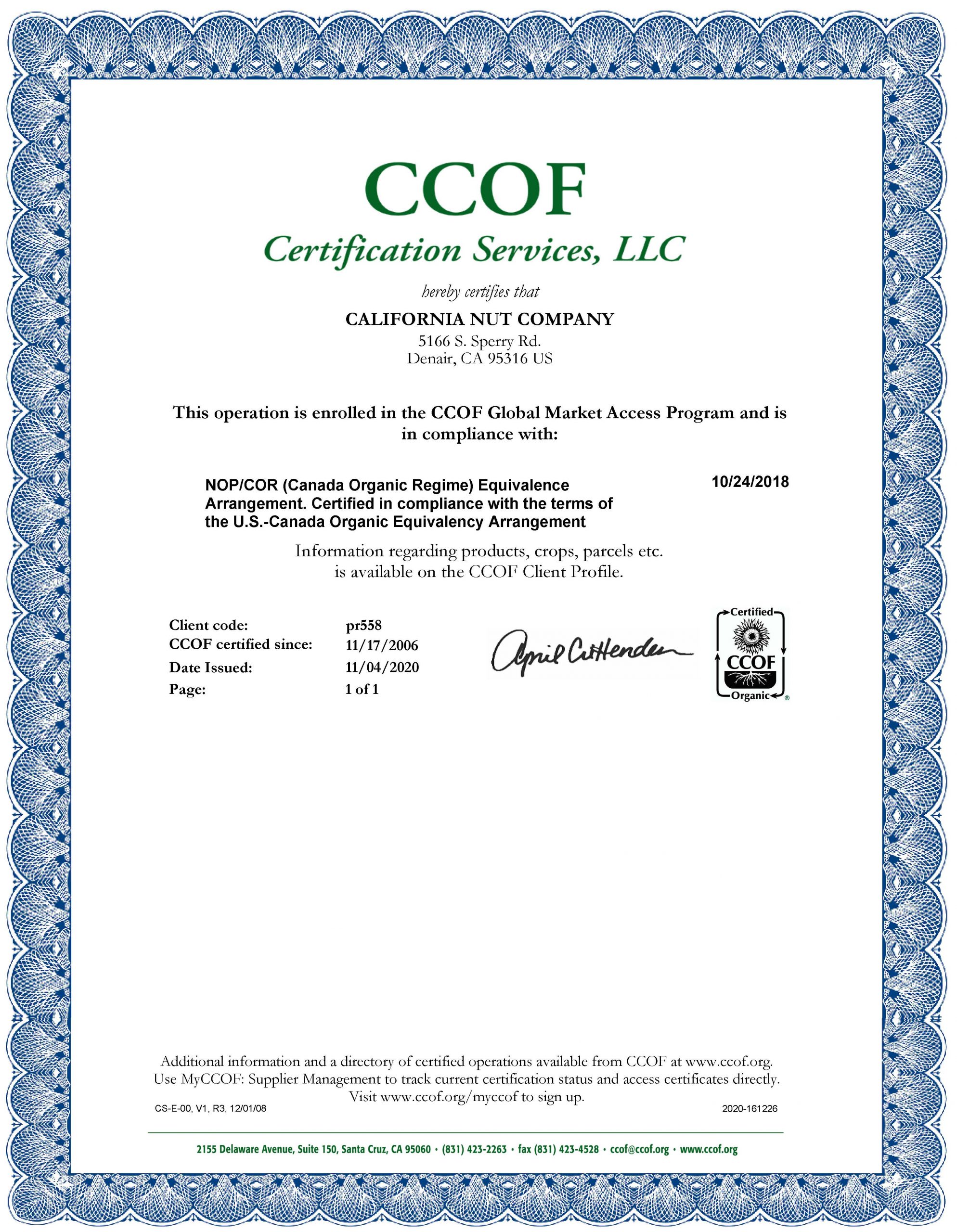 California Nut Co. CCOF Certificate for Canada Organic Food Processing