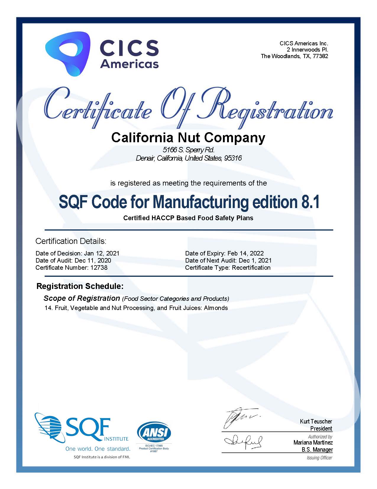 California Nut Co. CICS Certificate of Registration