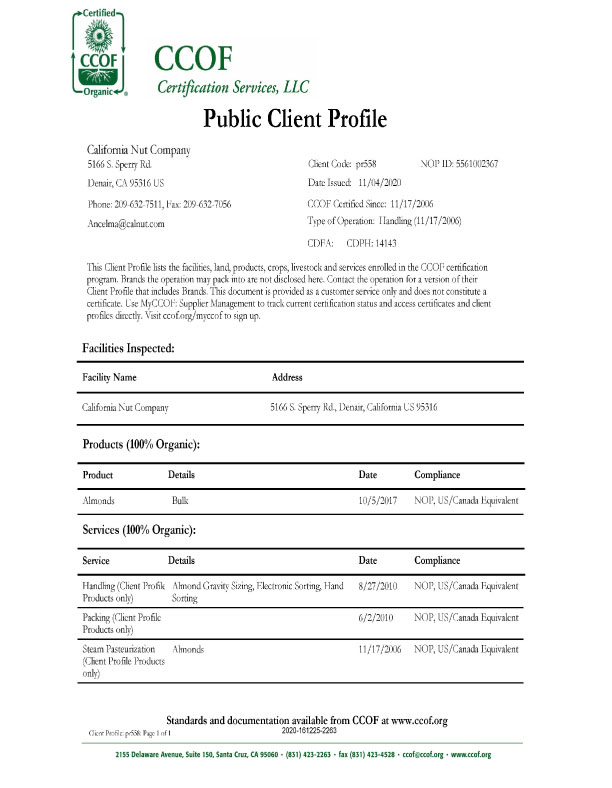 California Nut Co. CCOF Public Client Profile